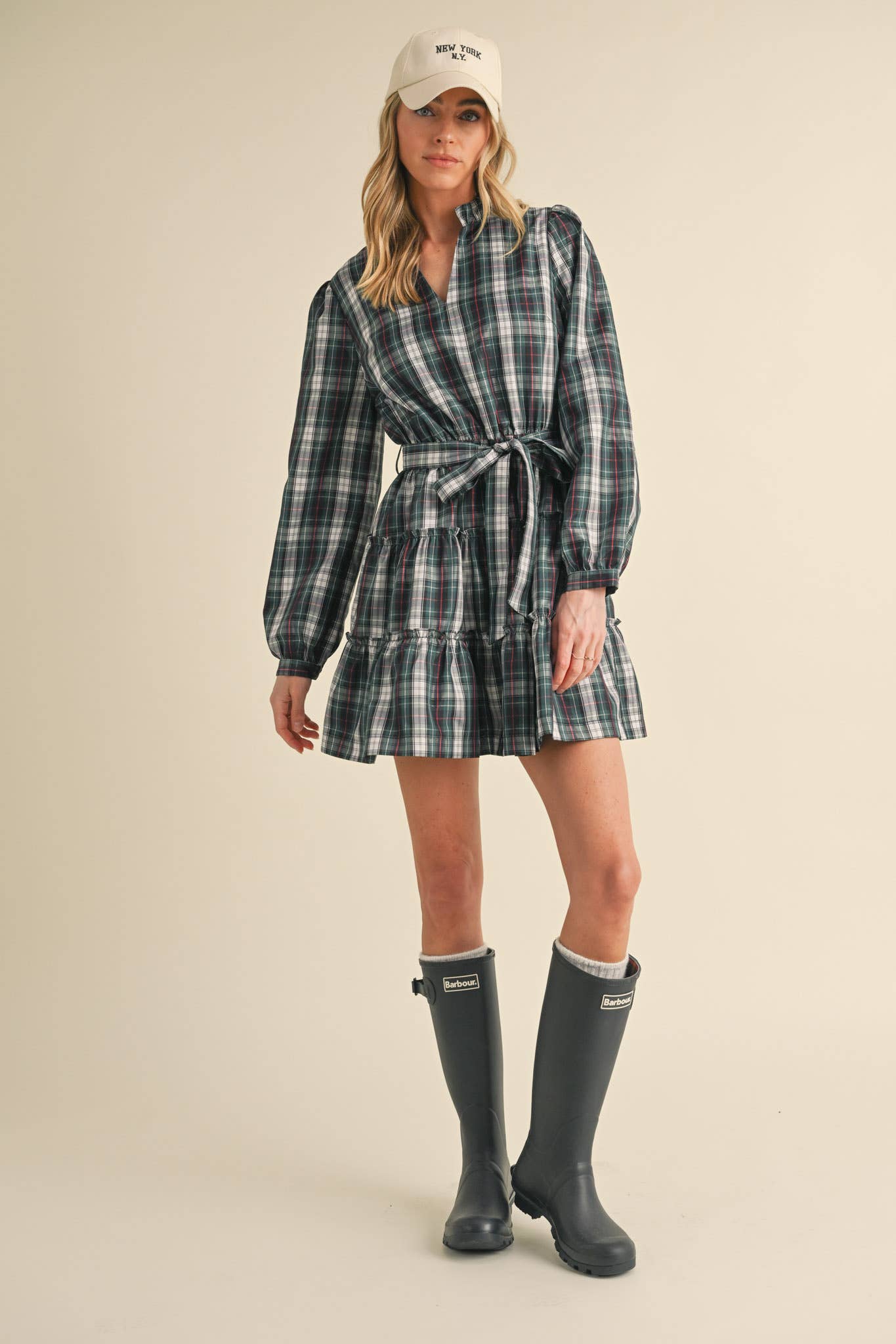 &MERCI - Wholesale Dress - Women's - PLAID MINI DRESS WITH TIERED RUFFLE TRIM MDR35386