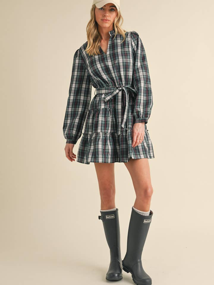 &MERCI - Wholesale Dress - Women's - PLAID MINI DRESS WITH TIERED RUFFLE TRIM MDR35386