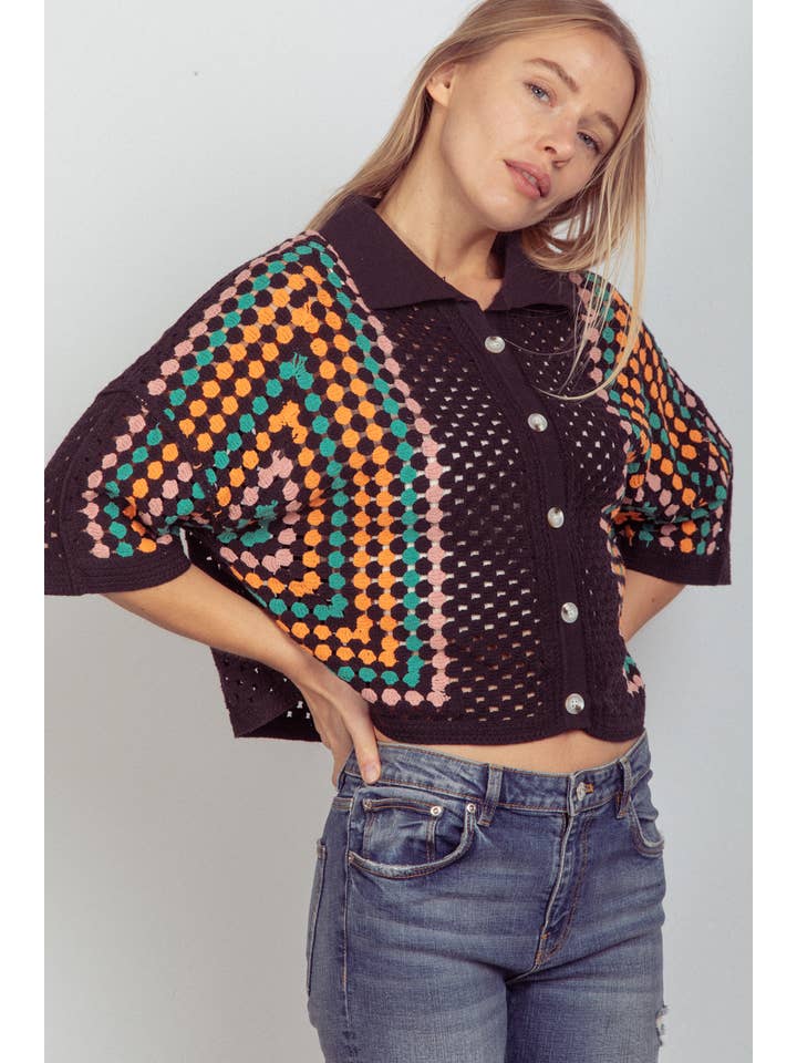 VERY J - Wholesale Knit Top - Women's - NT11636-Relaxed Fit Multi Color Crochet Knit Top