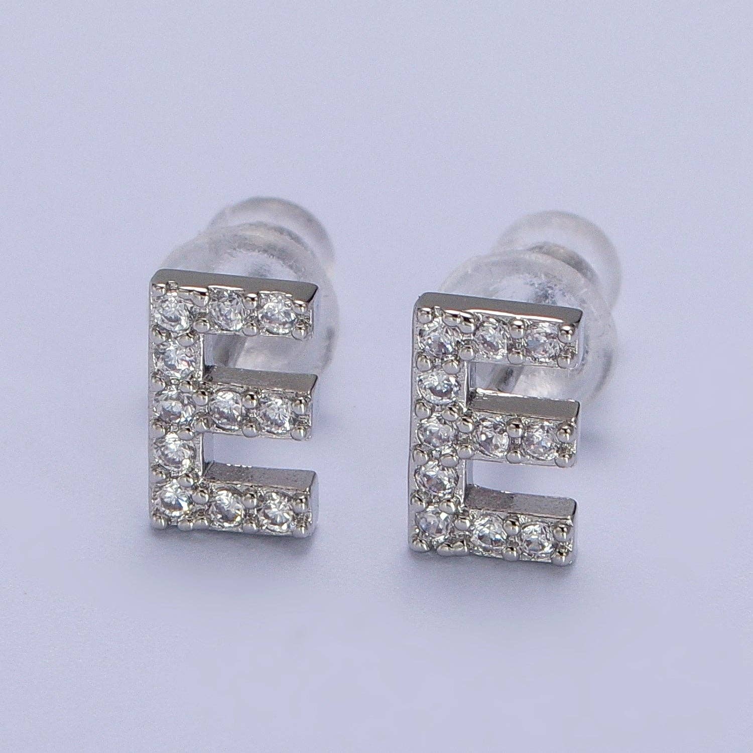 Aim Eternal - Wholesale Stud/Post Earrings - White Gold Filled Tiny Initial Letter Diamond CZ Silver Stud4