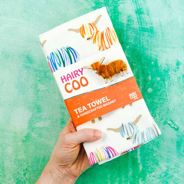 Highland Cow Tea Towel - Born and Bred In Scotland for wholesale by Hairy Coo