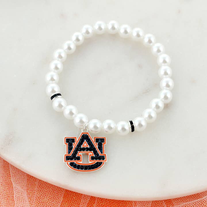Auburn Pearl & Crystal Logo Stretch Bracelet for wholesale by Seasons Jewelry