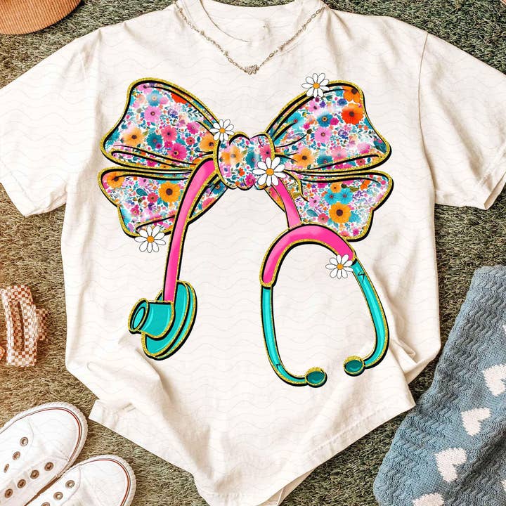 Camiseta de Enfermera con Estetoscopio Floral, Camiseta de Enfermera Escolar para venta al por mayor de DLT Ecommerce