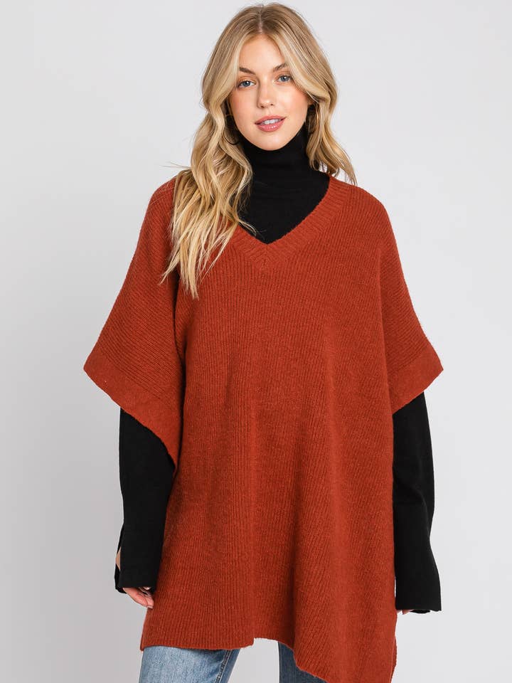 SOLID WIDE V-NECK VEST PONCHO WITH BUTTON DETAIL - FW90235 for wholesale by Calista
