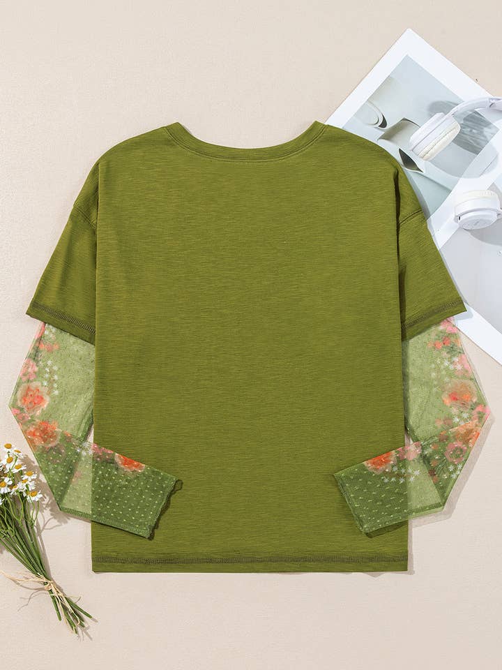 Fern Green Faux Two Piece Floral Long Sleeve Patchwork Tee for wholesale on Faire8