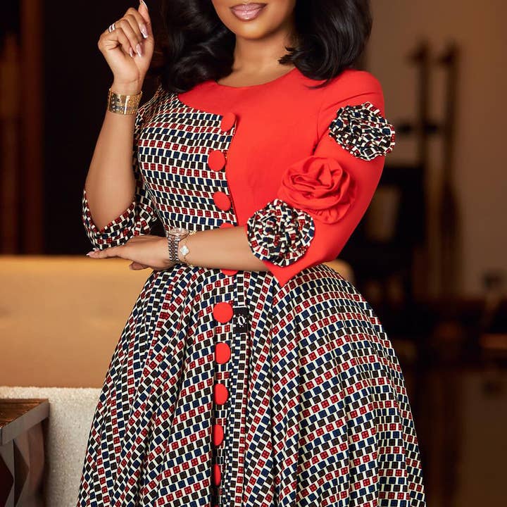 Vestido elegante de línea A con estampado africano y mangas a media. para venta al por mayor de DREAM VERA APPAREL