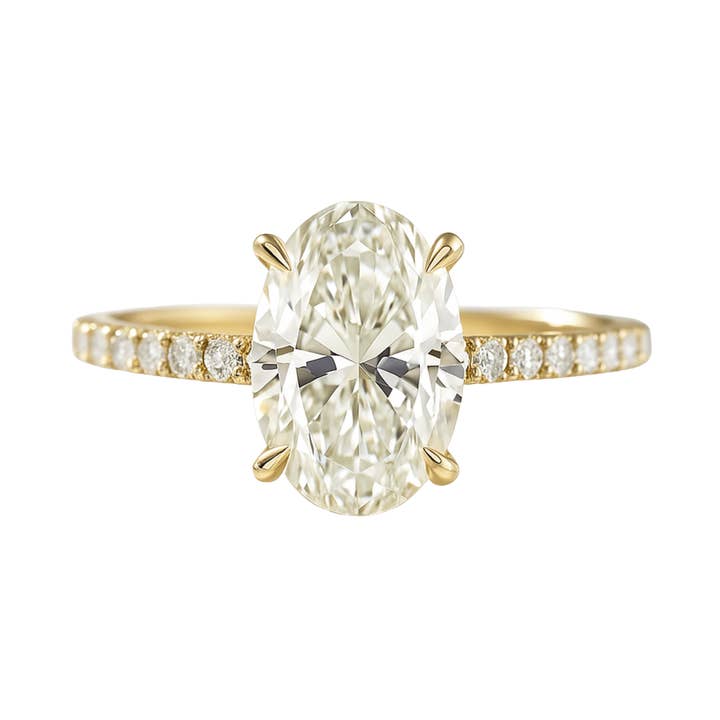 Anello di fidanzamento ovale pavé da 2,50 carati con aureola nascosta per la vendita all'ingrosso da parte di Evara Jewelry