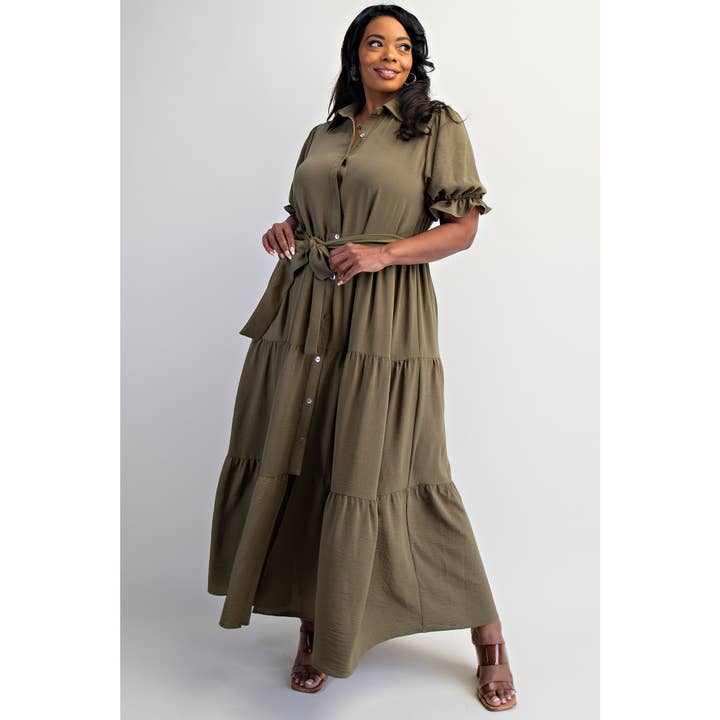 The Curve LA - Wholesale Dress - Women's - PLUS SIZE BUTTON FRONT MAXI DRESS WITH TIERD HEM