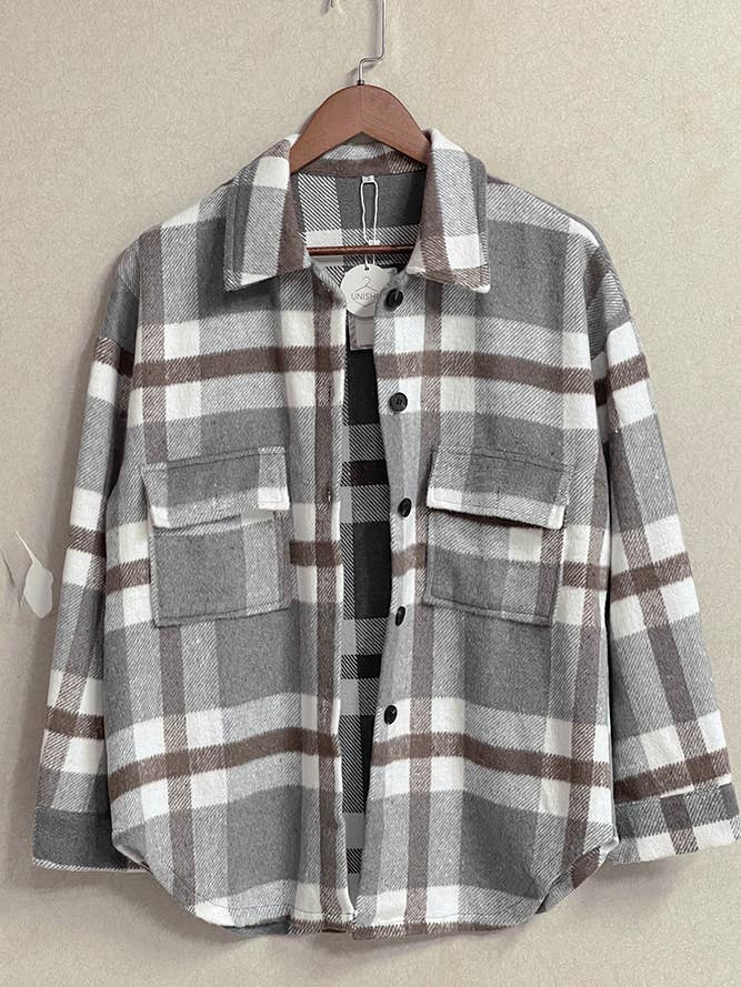 Khaki Plaid Flannel Shacket Jacket Women TOPW1118-K1 for wholesale on Faire6