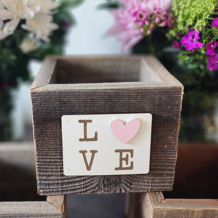 Rustic LOVE Reclaimed Wood Planter and Bouquet Box for wholesale by Love Reclaimed
