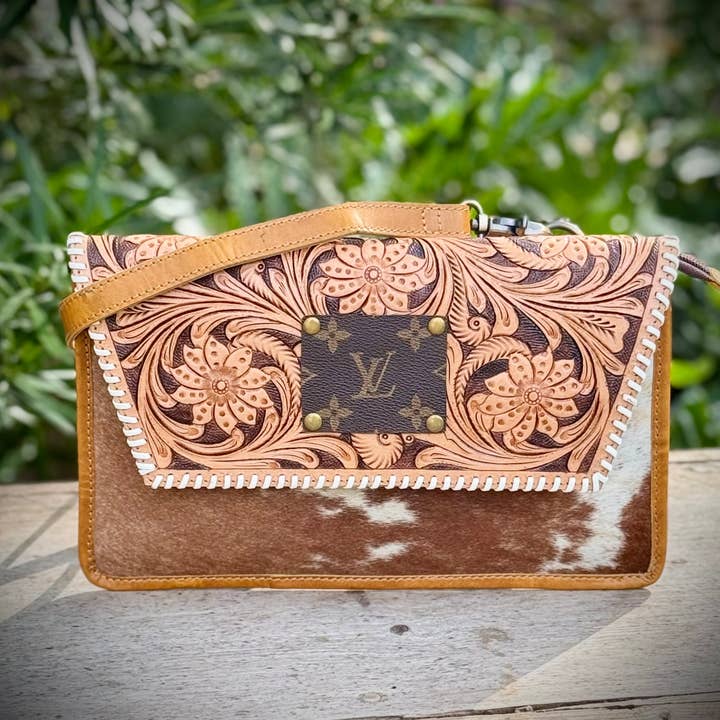 Upcycled LV Tooled Leather Cowhide Crossbody Bag Western for wholesale by Southern Junkie Gypsy Boutique