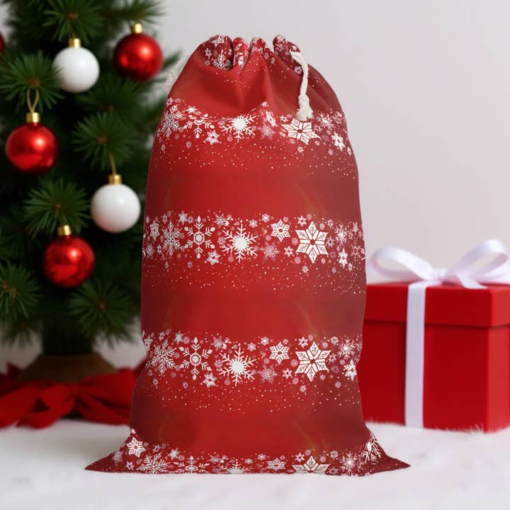 Sacco di Natale Decorativo con Fiocco di Neve Rosso | Articolo Unico per Decorazioni Festive per la vendita all'ingrosso da parte di Aminelle & Willow