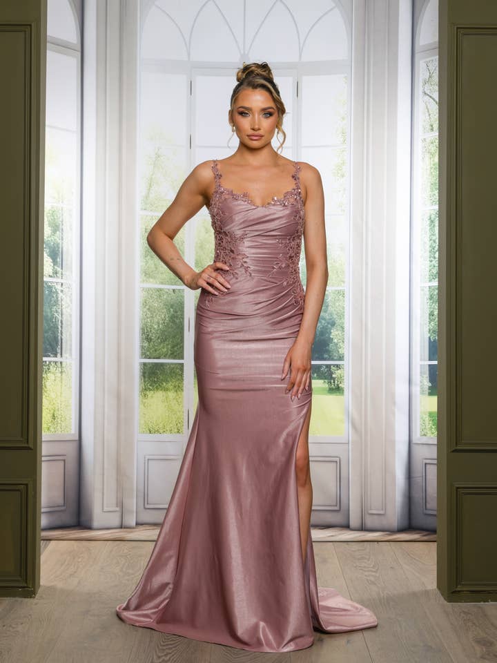 7601-EMBROIDERED & BEADED SHINY SPANDEX PROM MAXI DRESS for wholesale by RICARICA INC.