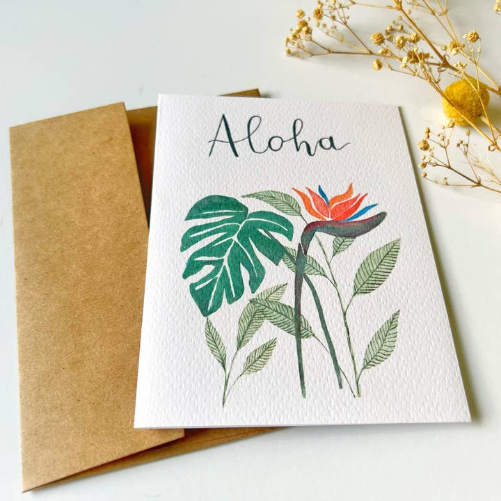 Ellamoonart - Vendita all'ingrosso Biglietti di auguri generici - Biglietto di auguri tropicale Aloha ad acquerello3