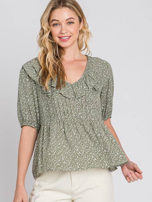 FLORAL PRINT RUFFLE PINTUCK BLOUSE - FT30551 for wholesale by Calista