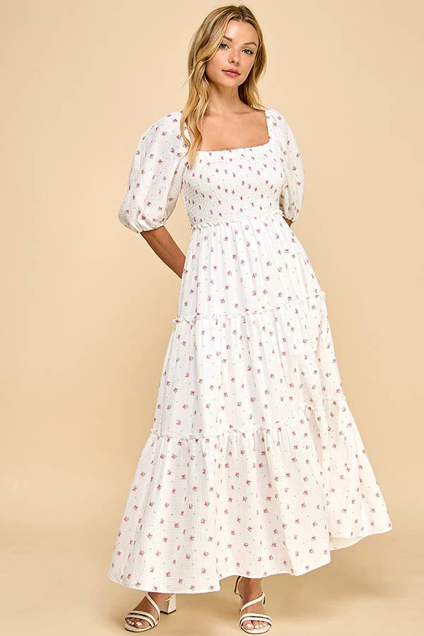 Million Colors - Vendita all'ingrosso Vestito - Donna - Abito Midi a Balze con Maniche a Sbuffo e Motivo Floreale Rosso Off-White di Hattie3