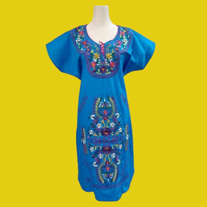 Mexican embroidered dresses | Kimono Traditional Mexican dresses | Authentic Mexican Dress | Floral Embroidered Dress Mexican Traditional Dress. Handmade Mexican Dress Mexican Bridesmaid Dress Artisanal Mexican attire, Ethnic Mexican dresses - Blue for wholesale by Puerta21