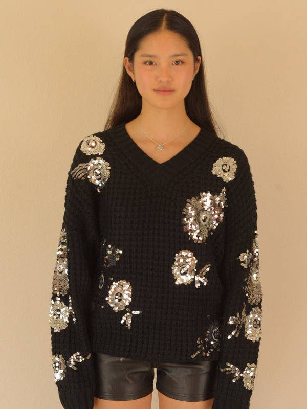 Ambiente - Wholesale Knit Sweater - Women's - V-NECK TEXTURED SWEATER WITH SEQUIN APPLIQUES - W2309JO27918