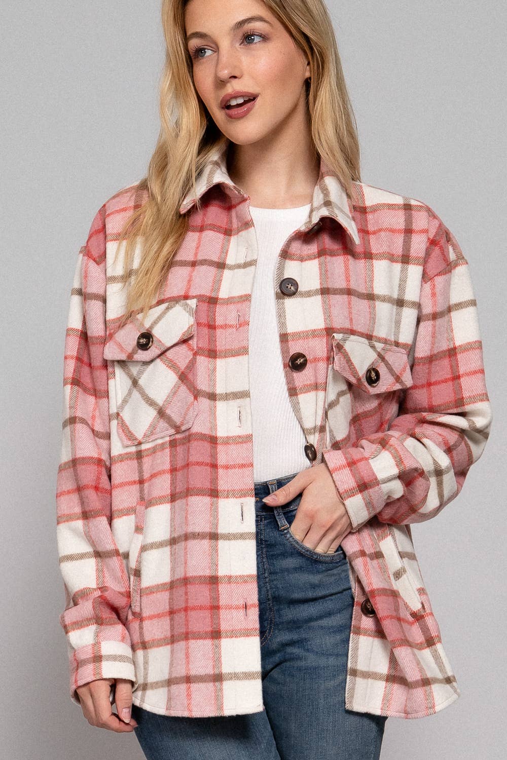 Active Basic | Active USA - Wholesale Shirt Jacket/Shacket - Women's - Long Sleeve Wool Blend Plaid Button Down Casual Jacket 0