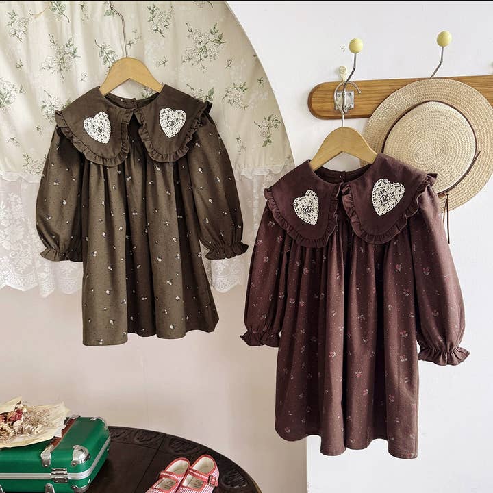 Aankomst Herfst Meisjes Harten Borduurwerk en Bloemen Gedrukt Patroon Lange Mouwen Jurk voor wholesale door MyKids-USA®