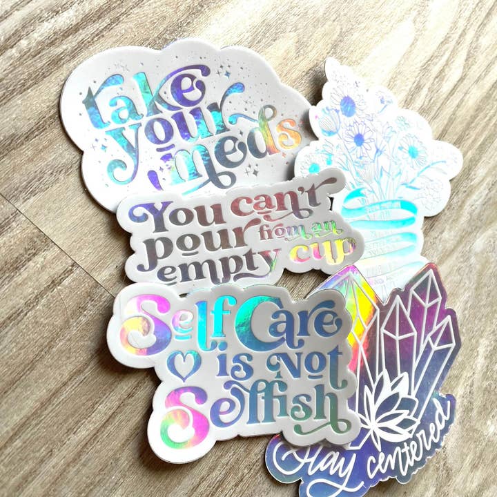 Holo Self Care Sticker-Paket | Holographische Laptop-Aufkleber für psychische Gesundheit | Ästhetische Computeraufkleberbombe für den Großhandel von WritingLoveShop
