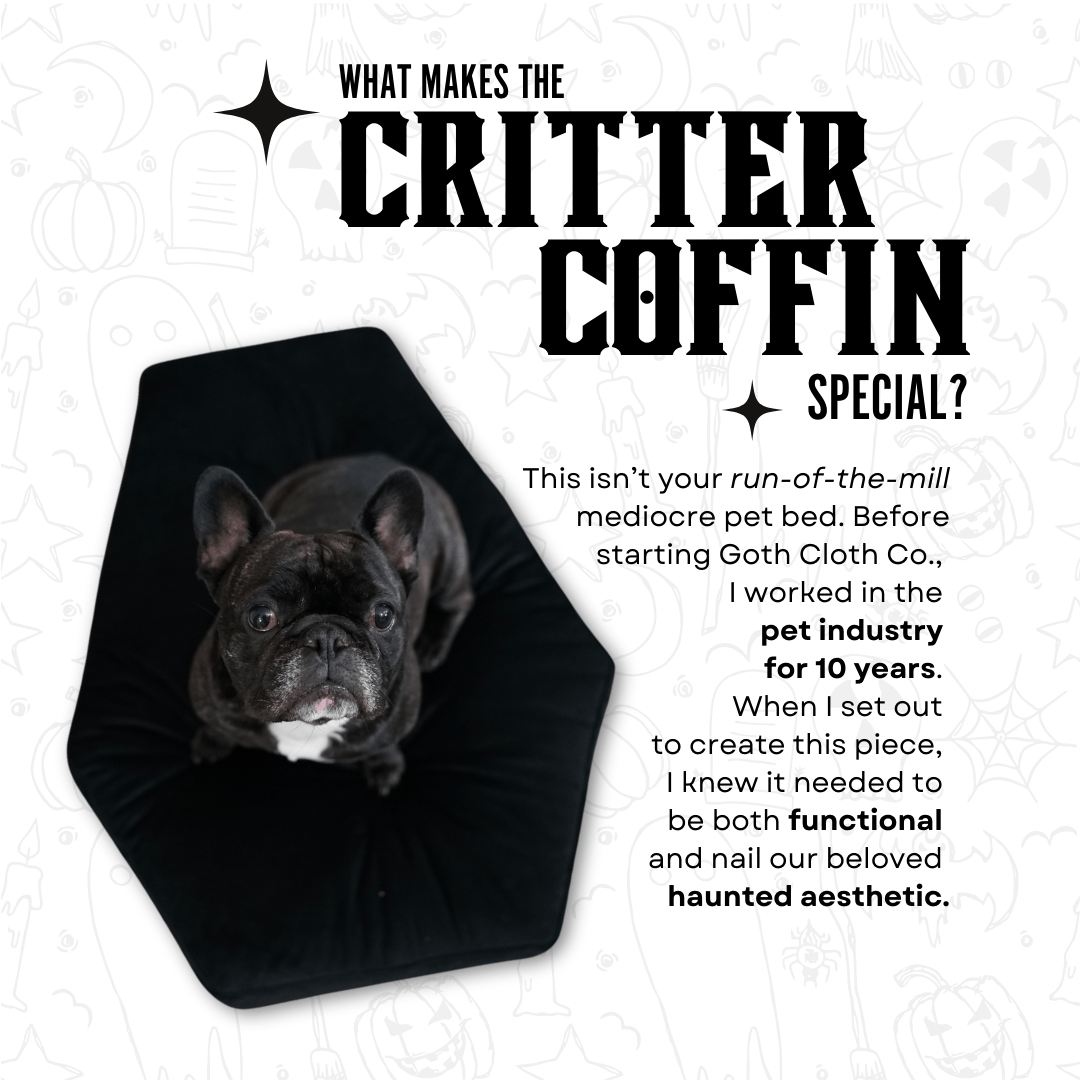 Goth Cloth Co. – wholesale Pet bed – Cat/dog – Critter Coffin - Coffin Shaped Memory Foam Pet Bed for Dogs & Cats1