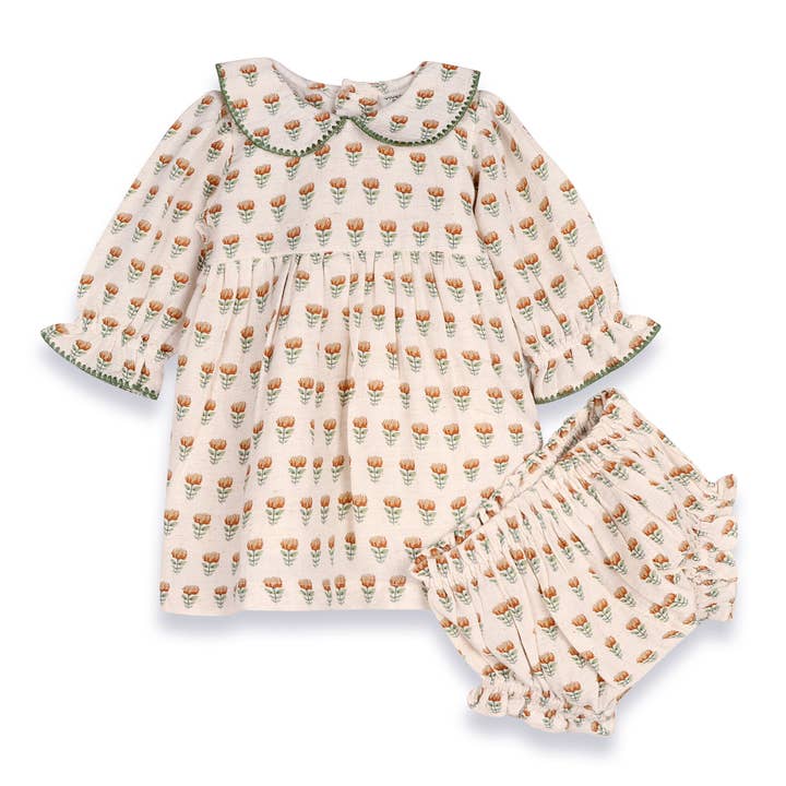 Ina Block Print Floral Baby Dress & Bloomer Set (Linen) for wholesale by Viverano Organics