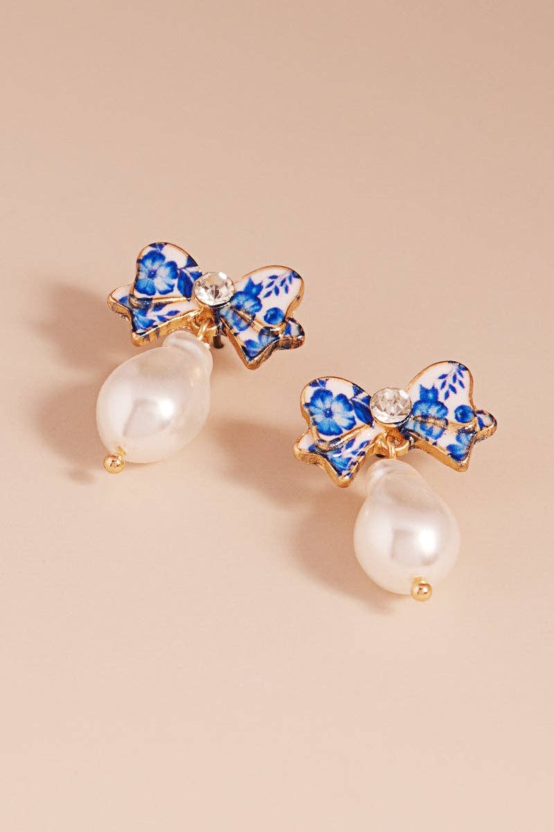 GDBL Flower Enamel Bow W Organic Pearl Post Earrings for wholesale on Faire