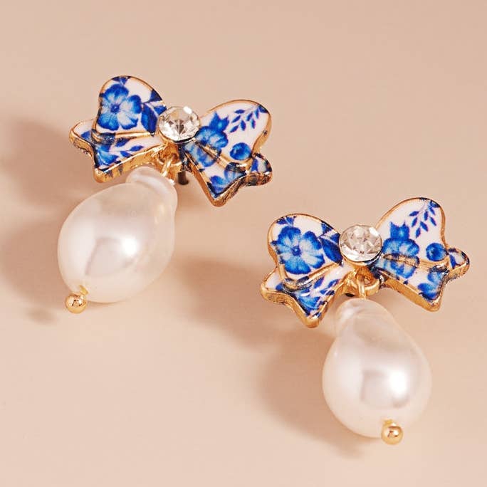 GDBL Flower Enamel Bow W Organic Pearl Post Earrings for wholesale on Faire0
