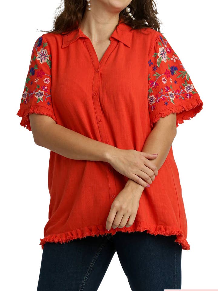 Plus Linen Collared Button Down Shirt with Fray Details for wholesale by Vanilla Monkey