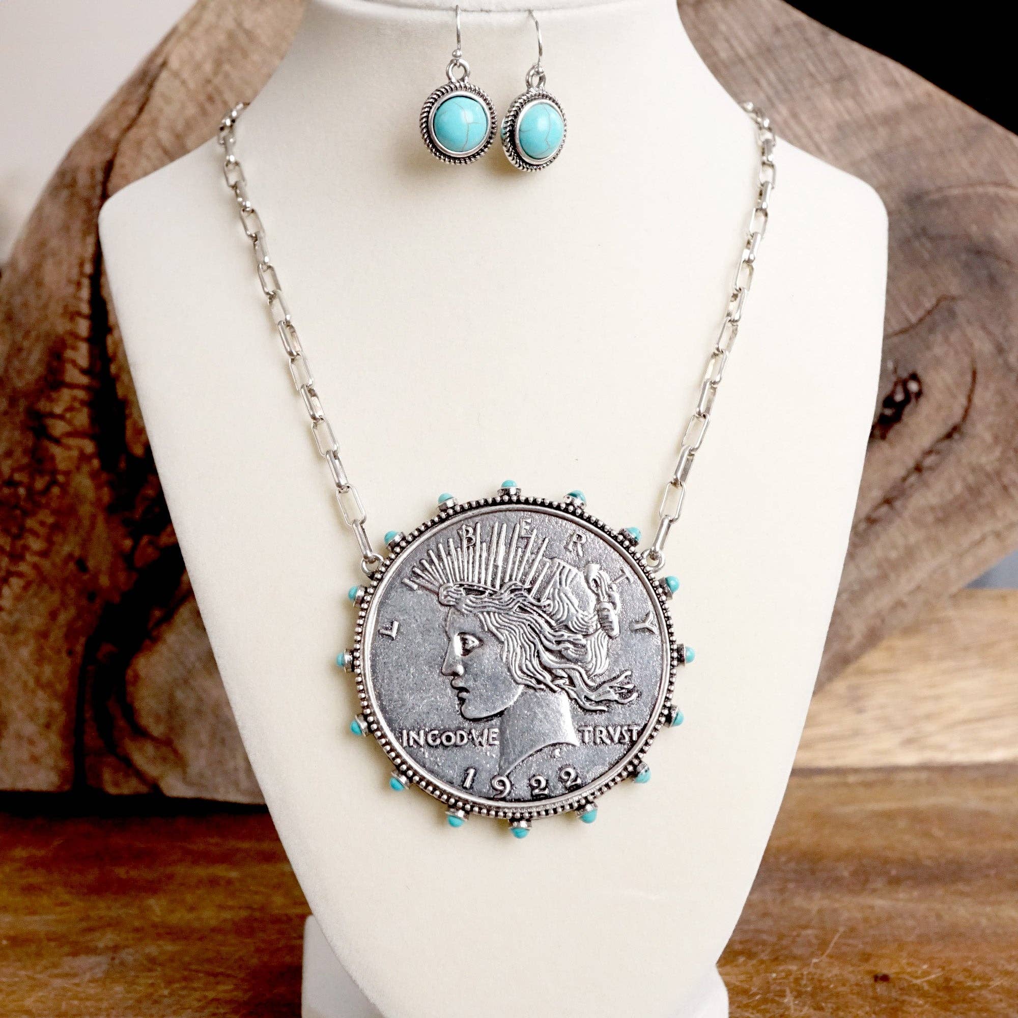 PennyLine inc - Wholesale Pendant/Charm Necklace - Western Boho Coin Necklace Set with Turquoise Accents – Worn Silver Tone0