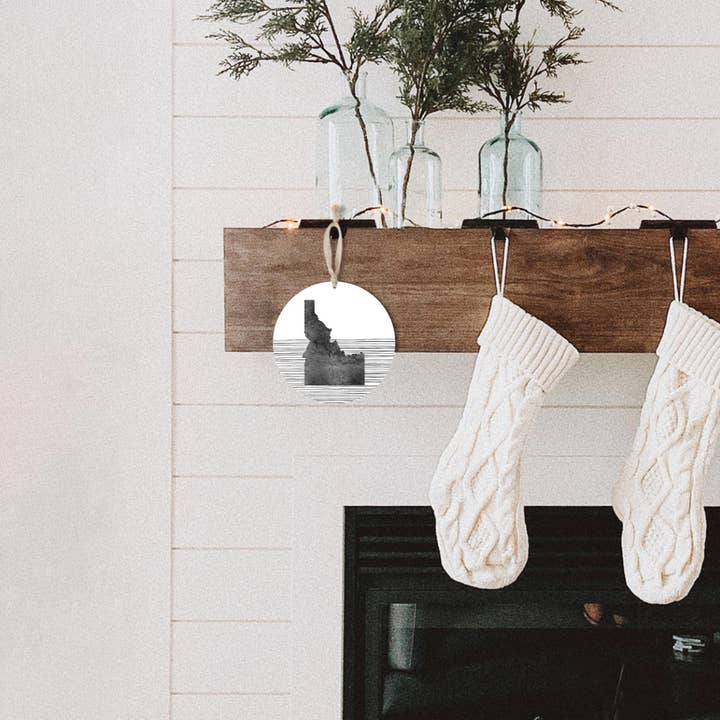 Love Local - Wholesale Ornament - Minimalist B&W Idaho State With Stra|8x8 Wood Ornament