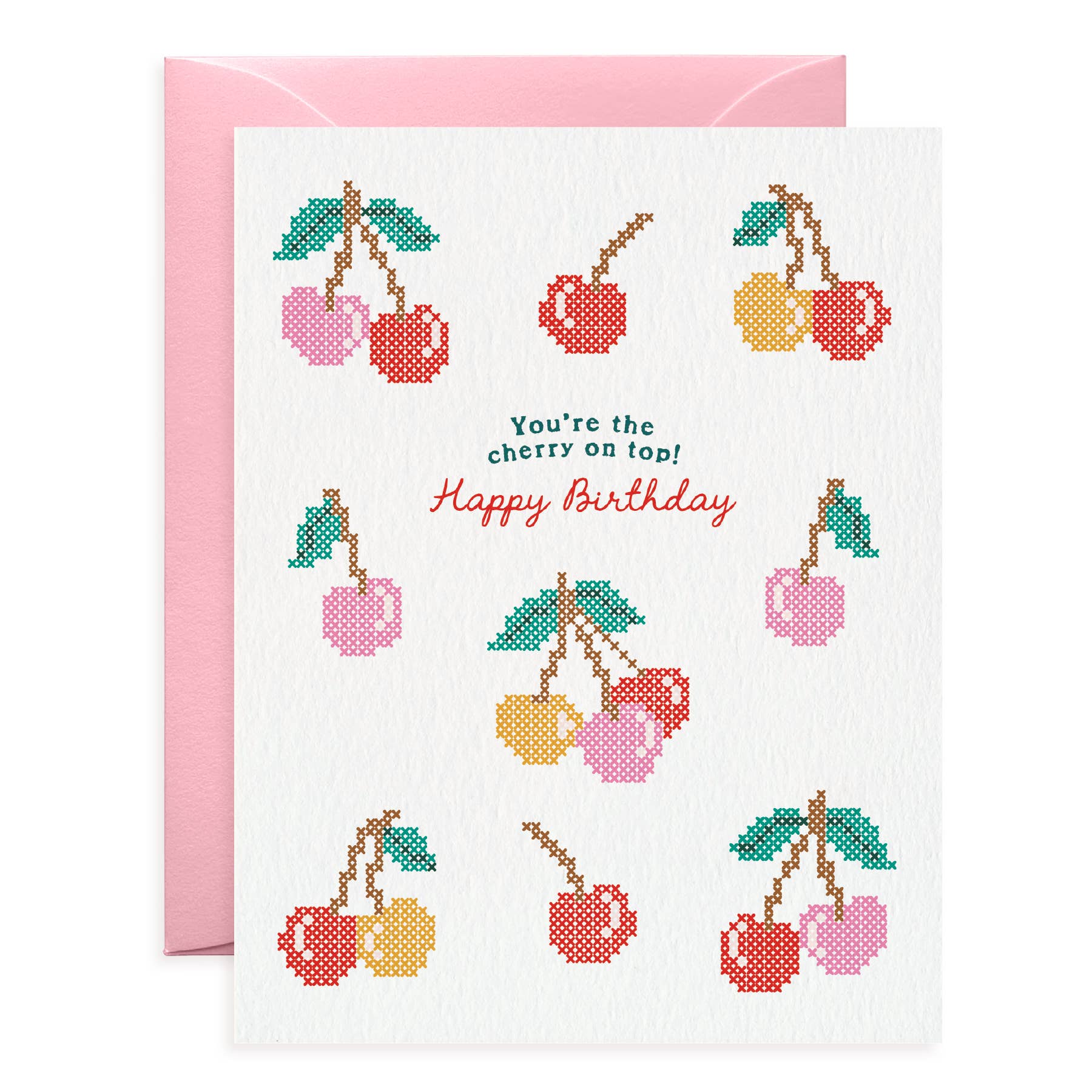 O.O.M.F. Creative - Wholesale Birthday Card - Cherry Cross-Stitch Card | Birthday Card | Fruit & Food Card0