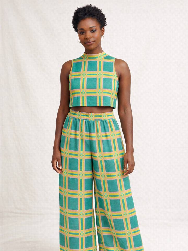 Conjunto de duas peças com top cropped de gola alta e calças palazzo por atacado de Ne Ndoro