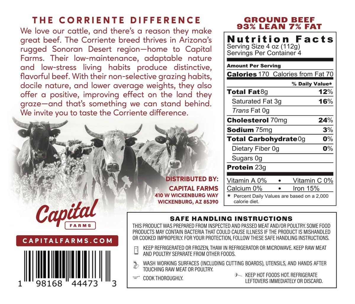 Capital Farms Meats & Provisions - Wholesale Beef - Ground Beef 93% Lean 7% Fat - 1lb | In-Store2