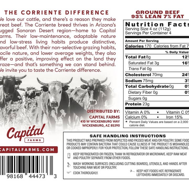 Capital Farms Meats & Provisions - Wholesale Beef - Ground Beef 93% Lean 7% Fat - 1lb | In-Store2