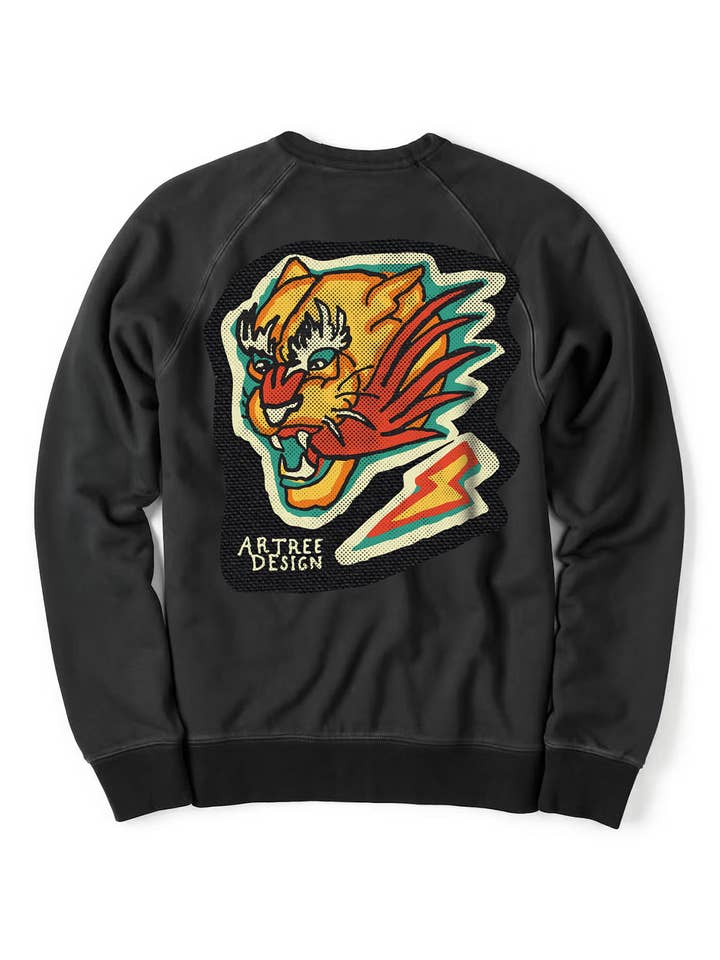 Sweatshirt Raglan Tiger Unisex Vintage Black for wholesale by Artree