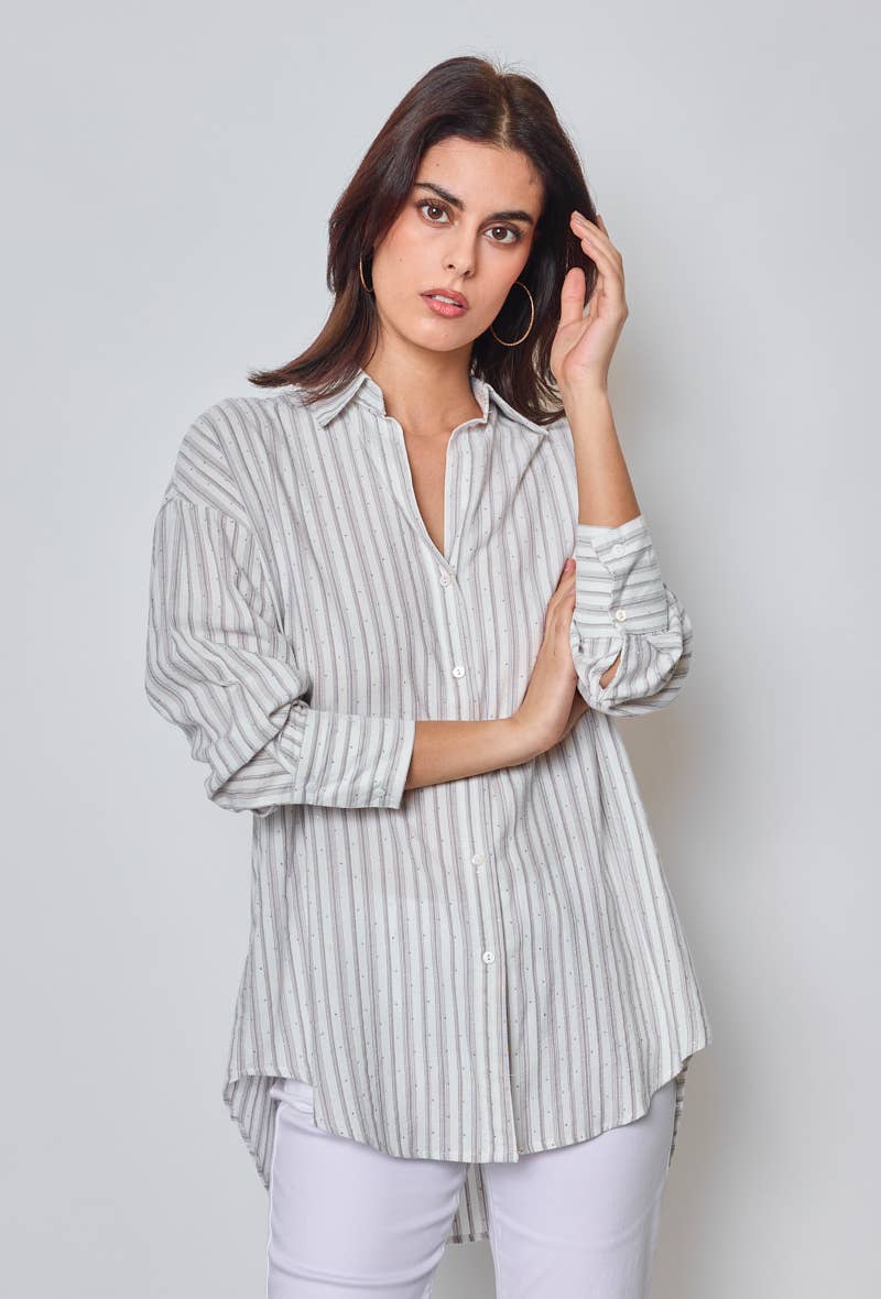 KY CREATION PARIS - Vente Chemise à col boutonné – femme - Chemise à rayures avec strass4