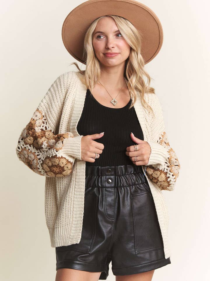 Madelyn - Wholesale Cardigan - Women's - LESW3718-CROCHET PUFF SLEEVES SWEATER CARDIGAN18