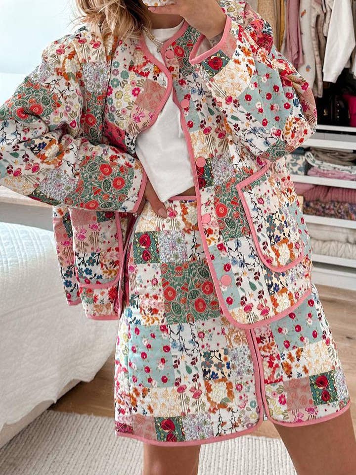 Floral Quilted Jacket and Mini Skirt Set for wholesale by AZSHOP Trading LLC