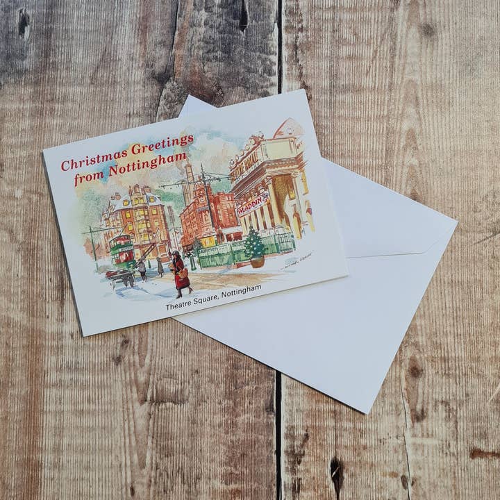 Christmas Greetings From Nottingham Theatre Square Christmas Card for wholesale by Dukki Gifts
