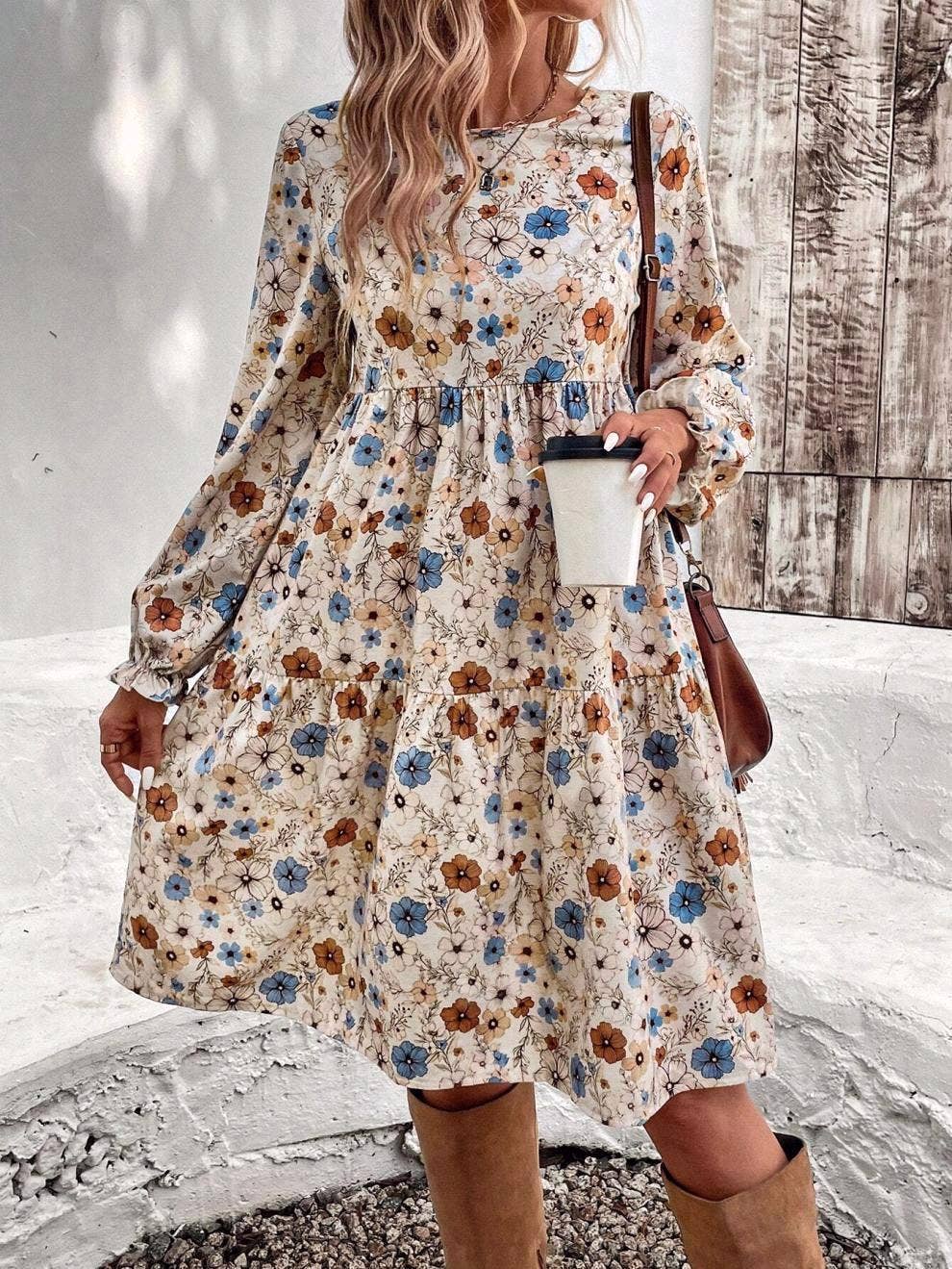 Apricot Floral print bohemian long-sleeves babydoll dress for wholesale on Faire5