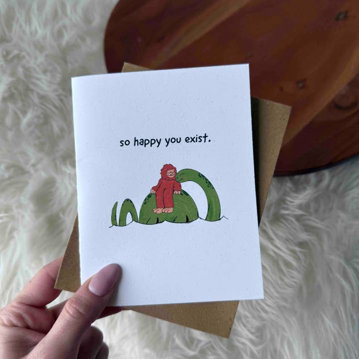 "So happy you exist" Cryptid Valentine's Day Greeting Card for wholesale by Big Moods
