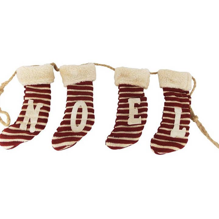 Hand-Stiched Fabric Christmas Stocking Garland " NOEL ", Off-White / Red - 36" Long for wholesale by Birch Maison