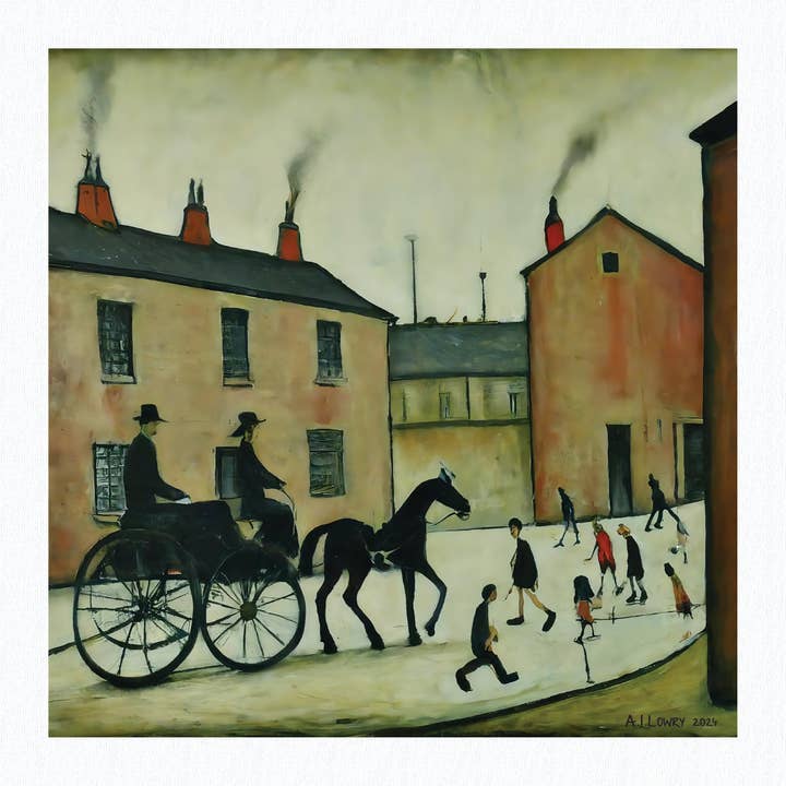 Horsedrawn Carriage - Giclée Art Print 21cm Square. Endearing Image in the Style Of LS Lowry for wholesale by AI Lowry