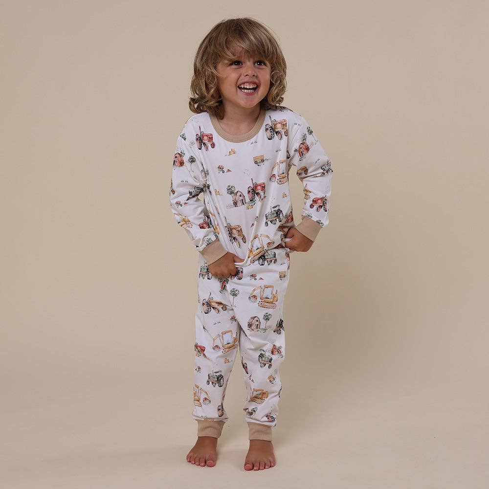 Snuggle Hunny – wholesale Sleepwear set – Kids – Diggers & Tractors Organic Kids Long Sleeve PJ Set1