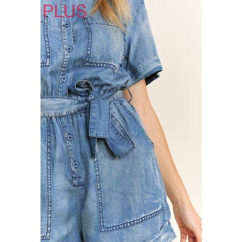 M.DENIM 9377X Plus Size Vasket Tencel Denim Krave Knap-Op Romper for engroshandel på Faire15