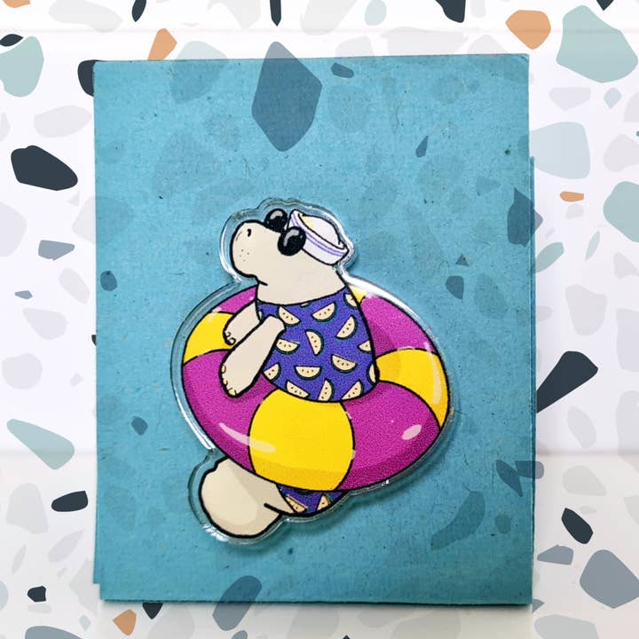 Tostoini - Wholesale Brooch - Summer manatee with floater and swimsuit acrylic pin0