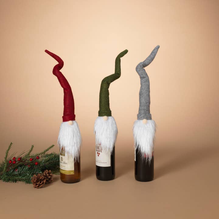 The Gerson Companies - Wholesale Wine Charm - Gerson Company 18"H Fabric Holiday Gnome Wine Bottle Cover,