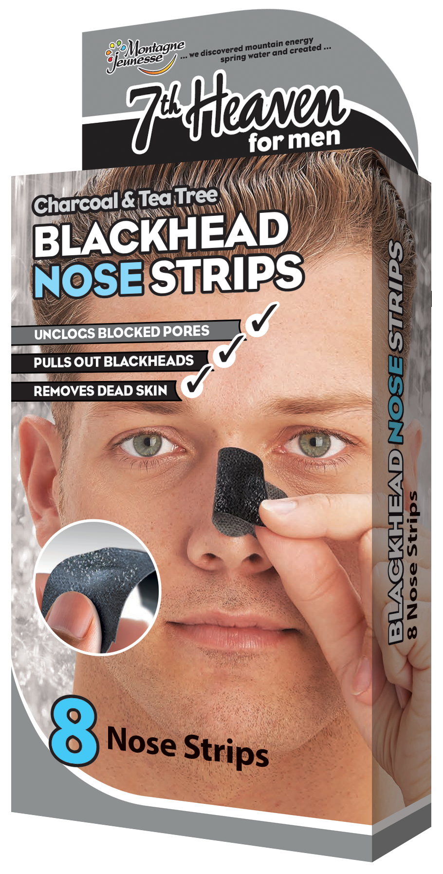 Beauty Goddess - Wholesale Acne/Hydrocolloid Patch - 7th Heaven Men's Blackhead Nose Strips - Charcoal & Tea Tree - BOX  (8 x nose strips)1
